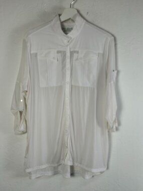 Jamie Sadock Sunsense Women Roll-Tab Sleeve Snap Front Shirt Large White Pockets